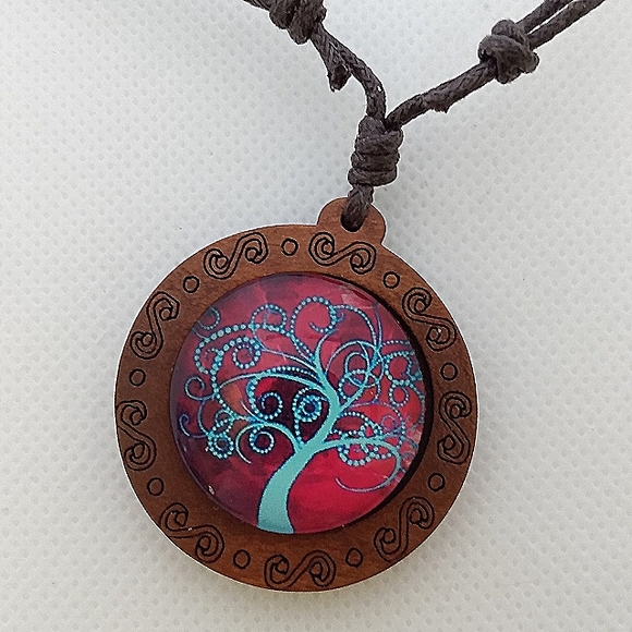 Blue Tree w/Pink Background Wood Pendant Necklace - Picture 1 of 4